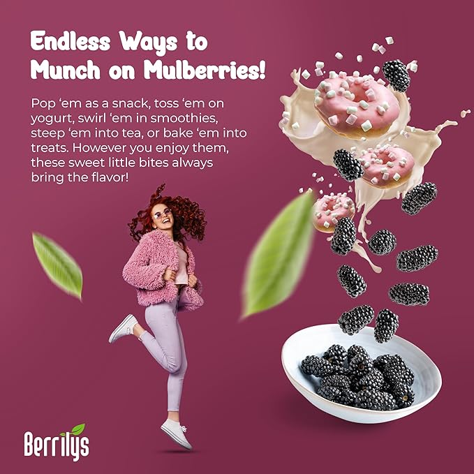 Berrilys, Organic Sun-Dried Black Mulberries, 4 Pack Bundle [4x10 oz], Raw, Gluten Free Mulberry, No Preservatives, No Additives, No Colorings