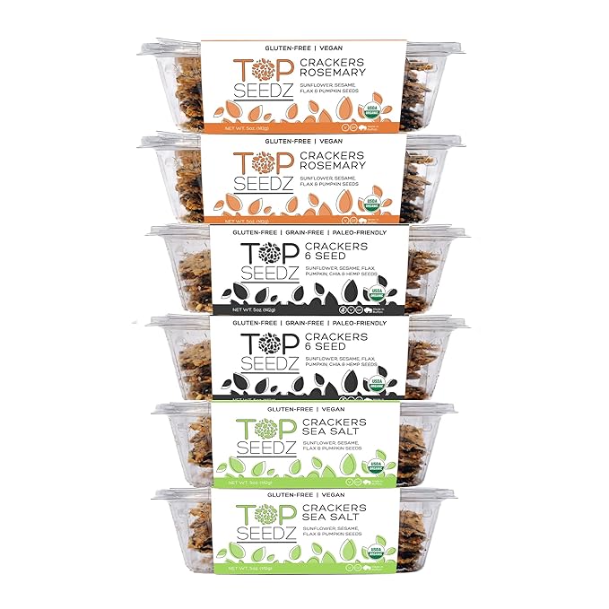 Top Seedz Certified Organic Gluten Free Sea Salt, Rosemary, & 6 Seed Crackers | 6-Pack | 5 Ounces | Healthy Vegan Crackers with Plant Based Protein | Made of Sunflower, Flax, Sesame and Pumpkin Seed