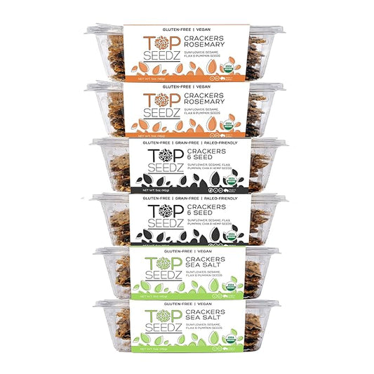 Top Seedz Certified Organic Gluten Free Sea Salt, Rosemary, & 6 Seed Crackers | 6-Pack | 5 Ounces | Healthy Vegan Crackers with Plant Based Protein | Made of Sunflower, Flax, Sesame and Pumpkin Seed