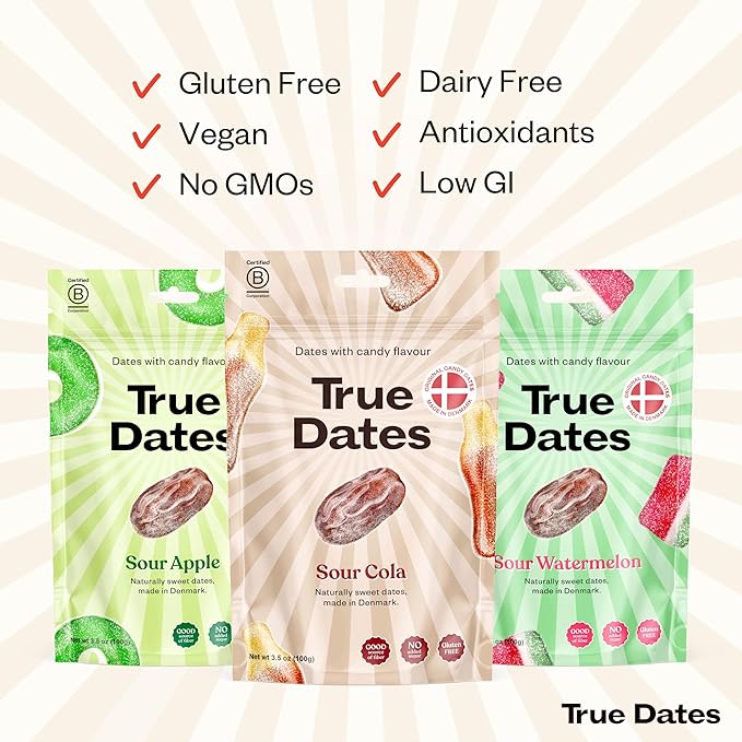 Candy Dates, Sour Flavor Variety, 3-3.5 Ounce Bags (Sour Apple, Sour Cola, Sour Watermelon) - Dates With Candy Flavor, Vegan, No Added Sugar, Gluten Free