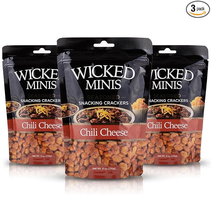 Wicked Minis Soup & Oyster Crackers - Saltine & Salted Flavored Mini Puffed Soup, Savory Snacking Mix, Seasoned Croutons Salad Toppers, Crackers for Chili 6oz (Chili Cheese, Pack of 3)