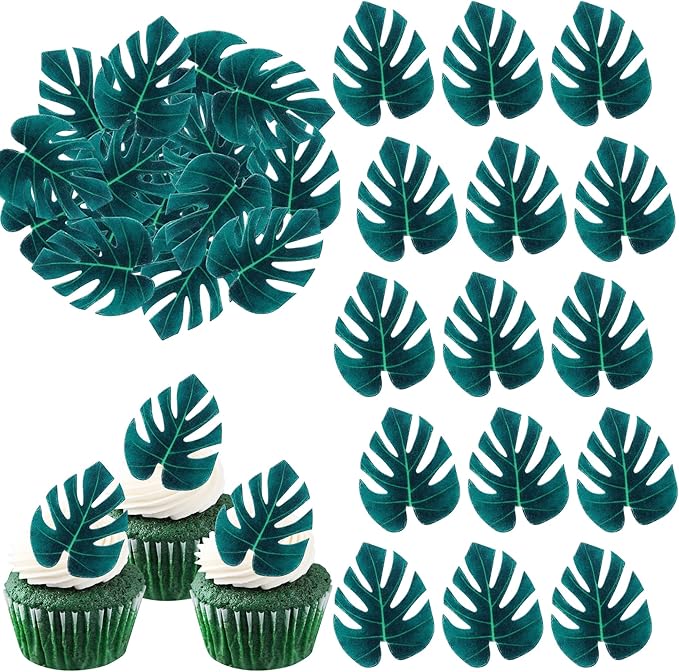 Rsstarxi 48 Pack Edible Tropical Turtle Leaves Cupcake Toppers, Edible Tropical Palm Leaves Cake Decorations for Hawaii Theme Jungle Baby Shower Birthday Party Decorations Supplies