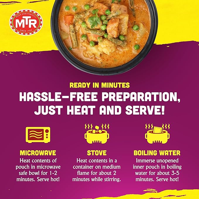 MTR - Minute Meals: Navratan Kurma - Vegetables in Mildly Spiced & Sweetened Gravy - Tasty Indian Meal with No Added Preservatives - Suitable for Vegetarians, Ready in Minutes! (Pack of 6)