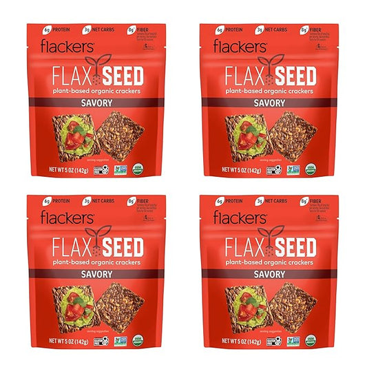 Flackers Organic Savory Flaxseed Crackers, 5 Ounce 4-Pack, Gluten Free, Non GMO, Vegan, Keto Snack, 8g Fiber, 3g Net Carbs