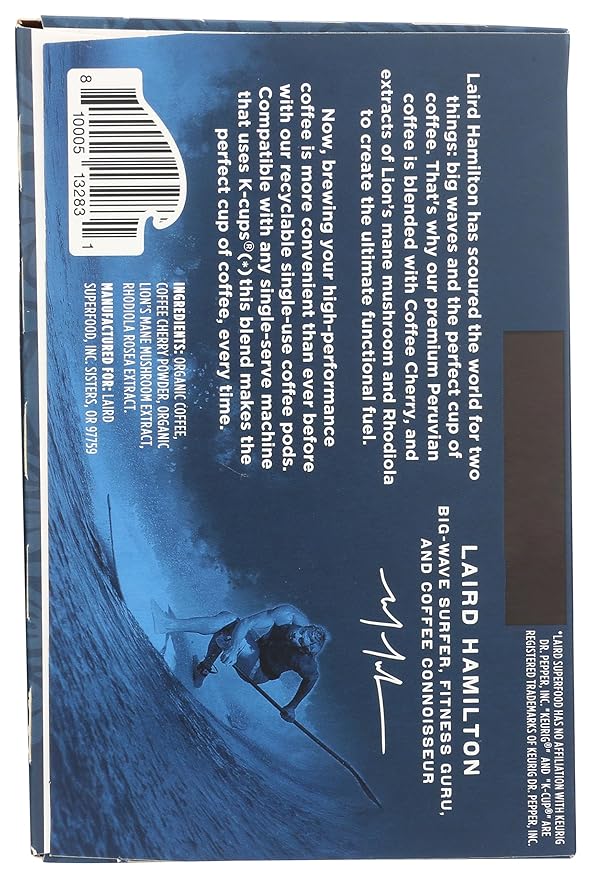 Laird Superfood K-Cups with Functional Mushrooms - Focused Energy, 10ct - Plant-Based Blend of Lions Mane Mushrooms, Rhodiola Extract, and Coffee Cherry - Delicious and Convenient
