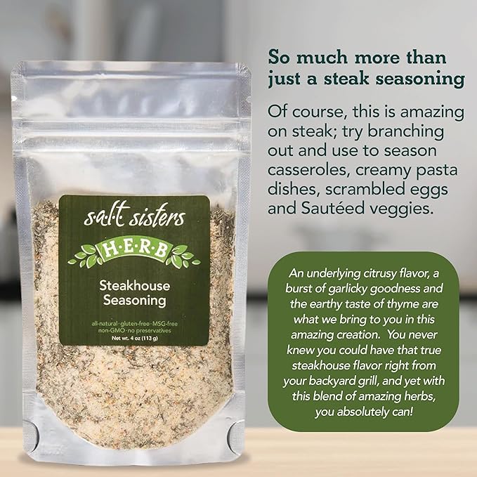 s.a.l.t. sisters Steakhouse Seasoning | All-Natural, Gluten Free, MSG Free, Non-GMO | Dried Citrus, Herbs & Salt Seasoning | Versatile Use for Meat, Fish, Vegetables, and More | 8oz