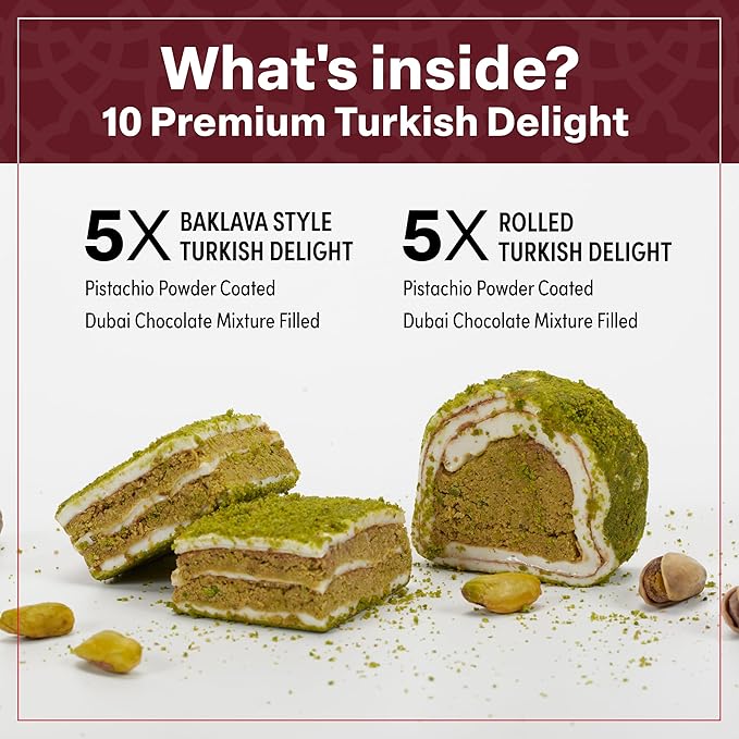 Eastanbul Premium Turkish Delight with Dubai Chocolate Filling, 8.8oz, Turkish Delights Pistachio, Lokum, Pistachio Candy Gift Box, International Candy, Lokum