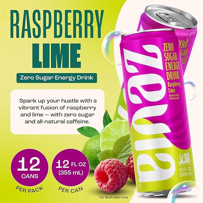 Zevia Zero Sugar Energy Drink, Raspberry Lime, 12 oz Cans (12-Pack) – Naturally Sweetened, Zero