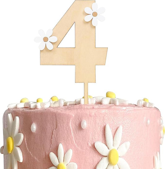 Wooden Daisy Cake Topper - 4th Birthday & Anniversary Decor, Retro Groovy & Boho Styles, Wooden Cake Decorating Supplies