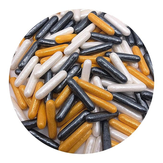 NCS Pearlized Black, Gold and White Small Shaped Rod Decorative Cake or Cupcake Edible Topper, 8 ounces