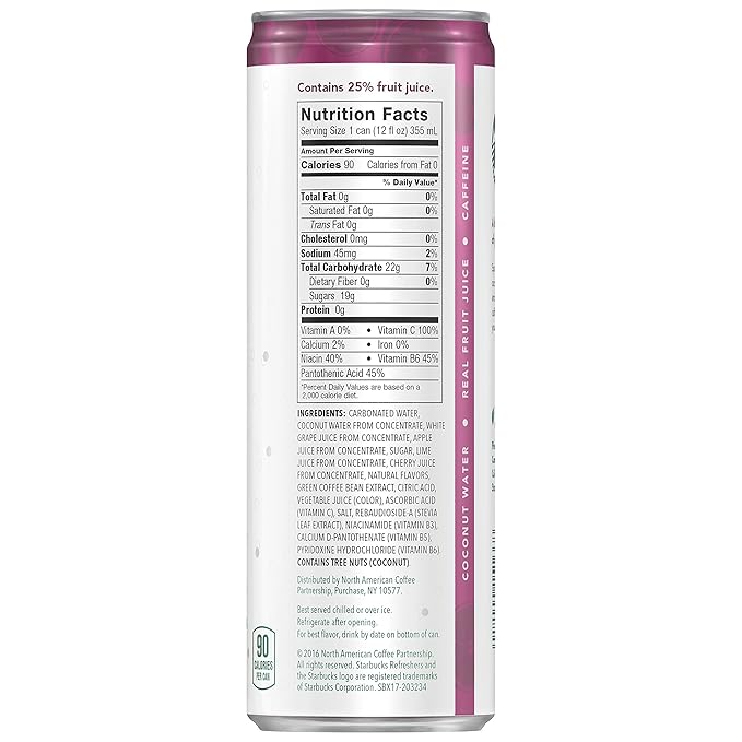 Starbucks - RTD Coffee, Refreshers with Coconut Water, Black Cherry Limeade, 12 fl oz. cans (12 Pack)