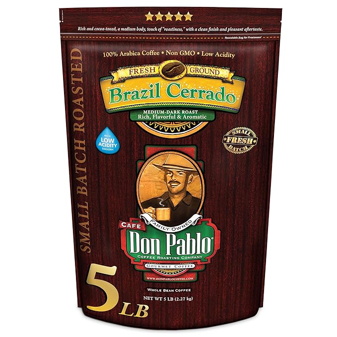 5LB Don Pablo Gourmet Coffee - Brazil Cerrado - Medium Dark Roast - Whole Bean Coffee - 100% Arabica Beans - Low Acidity and Non-GMO - 5lb bag