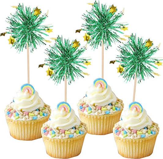 30 PCS Foil Firework Cupcake Toppers Happy Birthday Star Cupcake Picks Sparkle Tinsel Drink Stirrers Cocktail Fruit Toothpicks for Valentine's Day Wedding Birthday Party Decorations Supplies Green
