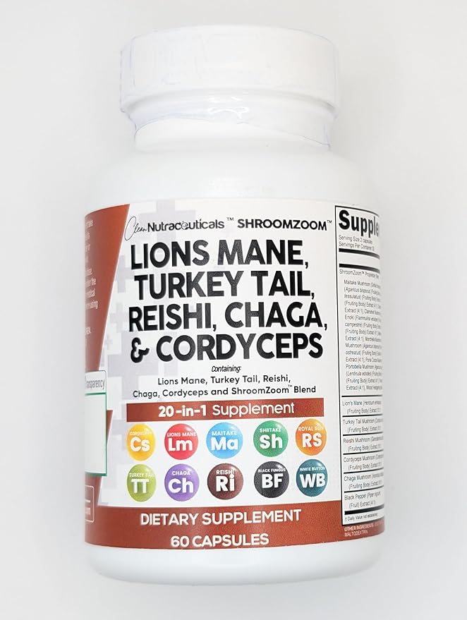 Clean Nutraceuticals Lions Mane 20in1 Mushroom Supplement with Turkey Tail Reishi Cordyceps Chaga Maitake Meshima Poria Cocos Shiitake Oyster Porcini Enoki - 2Pack