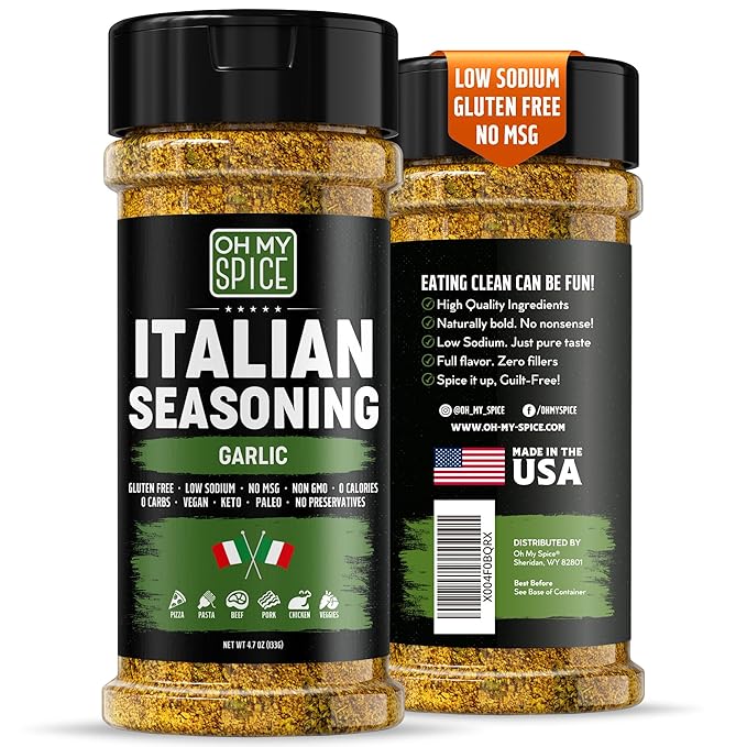 Italian Seasoning Blend Garlic Powder Mix - Gluten Free & Low Sodium Pizza Seasonings for Bruschetta & Spaghetti. Garlic and Herb Seasoning for Italian Food. Mediterranean Spices Pizza Toppings. 4.7oz
