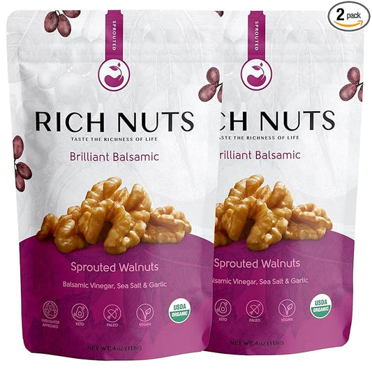 Rich Nuts Brilliant Balsamic Gourmet Sprouted Walnuts | Vegan, Paleo, Keto | Balsamic Vinegar, Garlic and Sea Salt | Non-Roasted, Dehyrdated, Germinated, Raw and Whole | 4 Oz Bag (2 Pack)