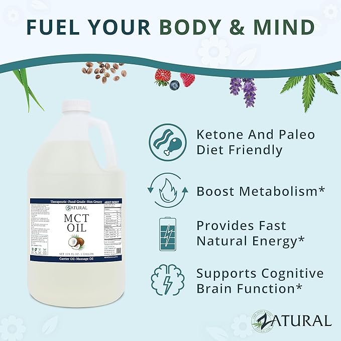 MCT Oil, Certified Food and Therapeutic Grade, Carrier Oil, Massage Oil, Hydrating Oil, Hair Oil, 0 Additives, Pure MCT Oil (128 Ounce (1Gallon))