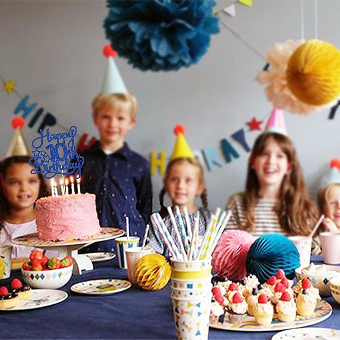 1 Pack Happy 10th Birthday Cake Topper Glitter Heart Star 10 Fabulous Cake Pick Birthday Sign Cake Decorations for Children 10th Birthday Theme Party Supplies Blue