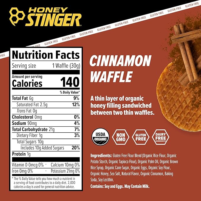Honey Stinger Organic Gluten Free Cinnamon Waffle, Energy Stroopwafel for Exercise, Endurance and Performance, Sports Nutrition for Home & Gym, Pre and Post Workout, Box of 16 Waffles, 16.96 Ounces