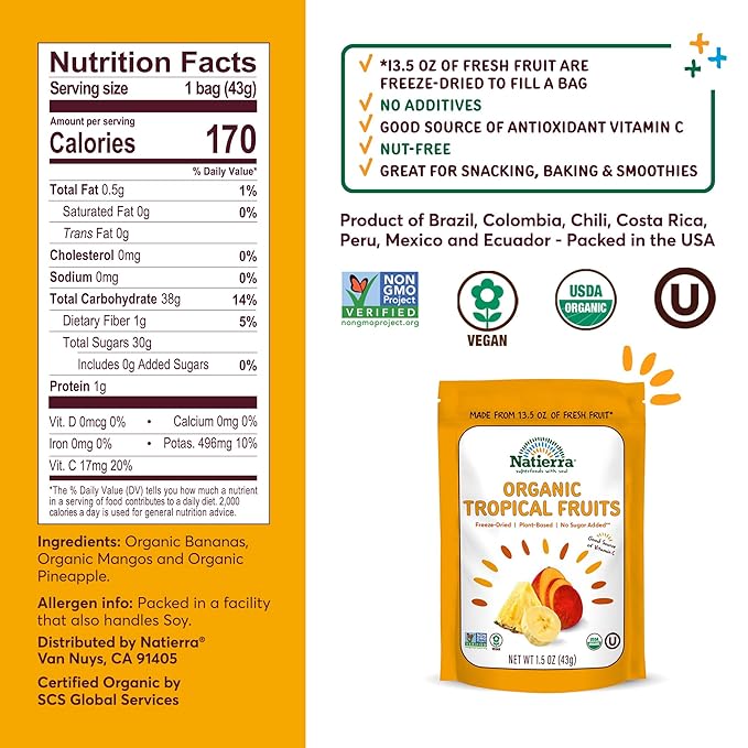 Natierra Organic Freeze-Dried Tropical Fruits | Non-GMO & Vegan | 1.5 Ounce (Pack of 2)