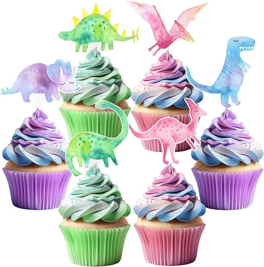 36 Pcs Pink Dinosaur Cupcake Toppers - Pink Dinosaur Party Decorations and Girl Dinosaur Party Cupcake Toppers