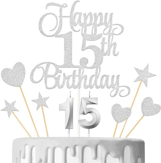 15th Birthday Cake Decorations, 15th Birthday Candles Cake Numeral Candles and Glitter Happy 15th Birthday Cake Toppers Set for Birthday Party Supplies (Silver)