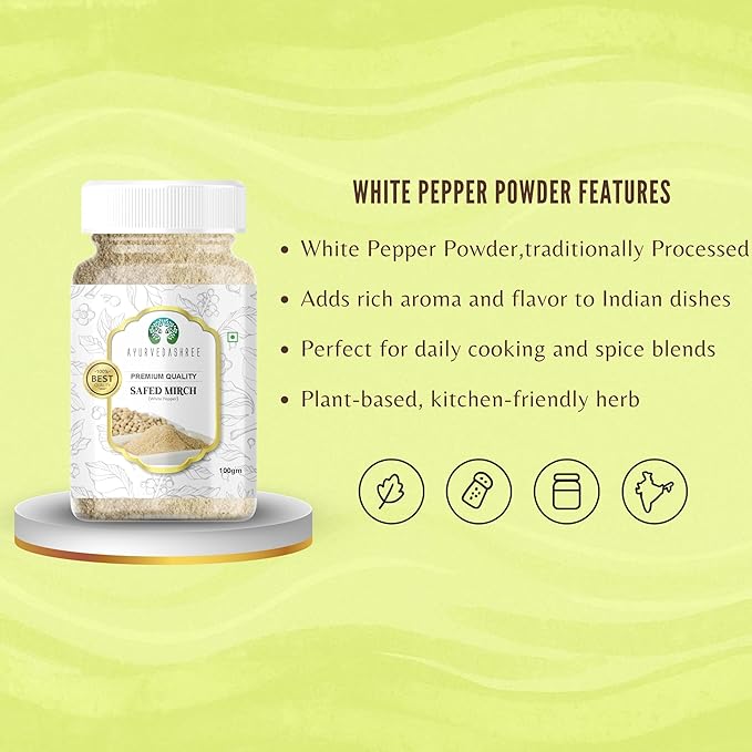 AYURVEDASHREE White Pepper Powder 100gm PET Jar | All Natural | Non GMO, 100% Raw | Sourced from India |For Cooking, Smoothies, Tea.
