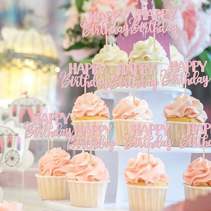 30 PCS Happy Birthday Cupcake Toppers Glitter Happy Birthday Cupcake Picks for Celebrating Anniversary Theme Party Cake Decorations Supplies Light Pink