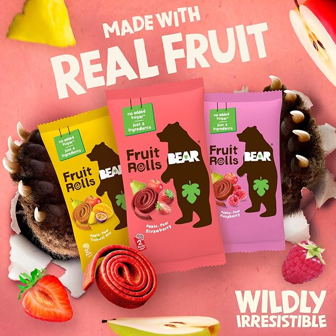 BEAR Real Fruit Snack Rolls - Gluten Free, Vegan, and Non-GMO - Variety Pack (Strawberry, Raspberry, Tropical)) ??48 Rolls, Healthy School And Lunch Snacks For Kids And Adults, 0.7 Ounce (Pack of 24)