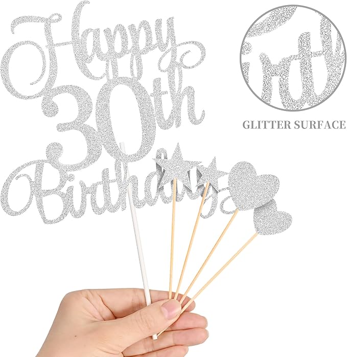 30th Birthday Cake Toppers, 30th Birthday Candles Numeral Candles and Glitter Cake Decorations Toppers Set for Party Supplies (Silver)