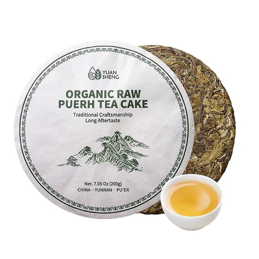 YUANSHENG Organic Raw Pu erh Tea Cake, 7.06 Oz USDA Certified Aged Fermented Pu-Erh Tea Cake, Chinese Yunnan Ancient Tree Puerh Black Tea for Daily Drink and Gift, Mellow & Smooth