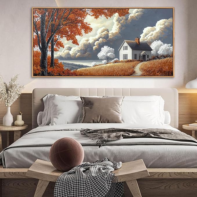 QZQCBLC Large Canvas Wall Art, White Clouds Orange Trees Gallery Pictures Farmhouse Cottage Painting Framed Artwork for Living room Bedroom kitchen Home Office Wall Decor 29x58 IN