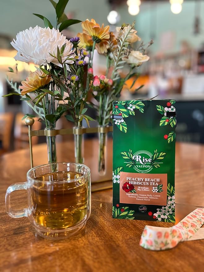 Rise Yaupon Peachy Beach Hibiscus Yaupon Holly Tea, 20 Tea Bags, 1.06 oz, Caffeinated Yaupon Holly with Hibiscus, Lemon Verbena, Chamomile and Natural Peach Flavor