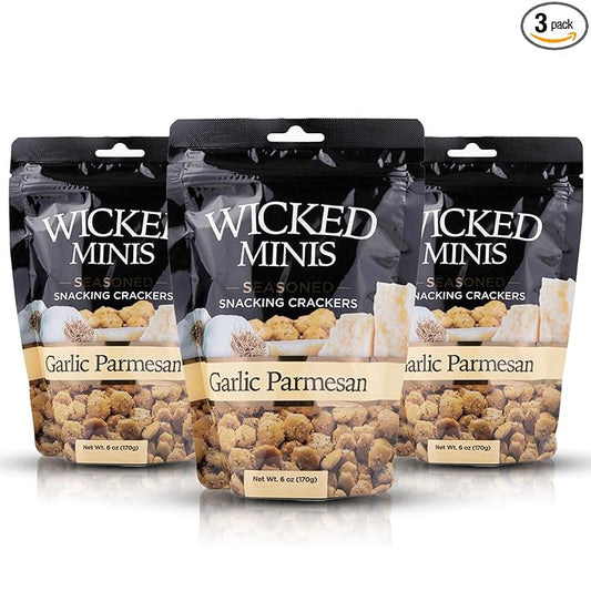 Wicked Minis Soup & Oyster Crackers-Saltine Crackers Salted Flavored Mini Puffed Soup Crackers, Savory Snacking Mix Seasoned Croutons Salad Toppers, Crackers for Chili 6oz(Garlic Parmesan, Pack of 3)