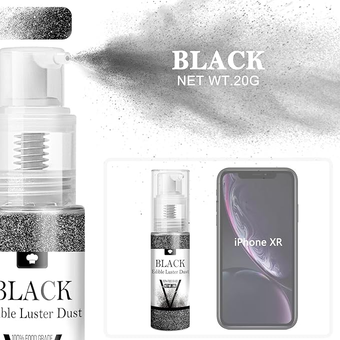 Edible Glitter Spray - 20g Luster Dust Edible Glimmer Powder for Sparkling Cocktails, Cake, Cupcakes, Beverage - Food Grade Shimmer Dust Powder for Baking, Drinks, Cookies Decoration, Halloween (Black)