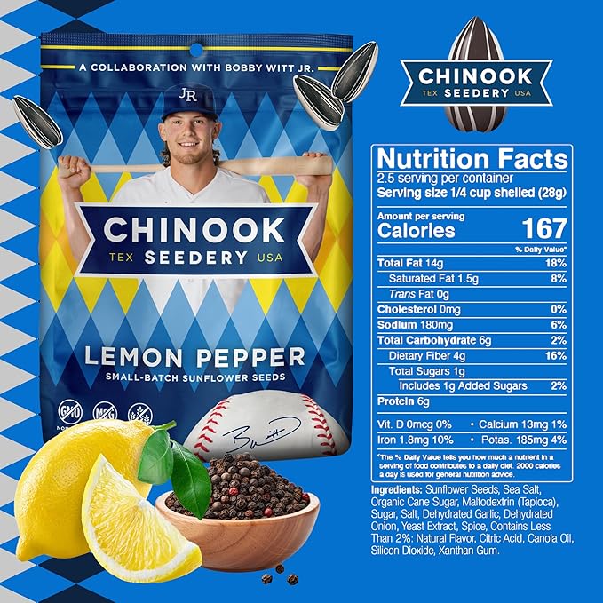 Chinook Seedery Roasted Jumbo Sunflower Seeds - Keto Snacks, Gluten-Free, Non-GMO, Lemon Pepper 4 oz (12-Pack)