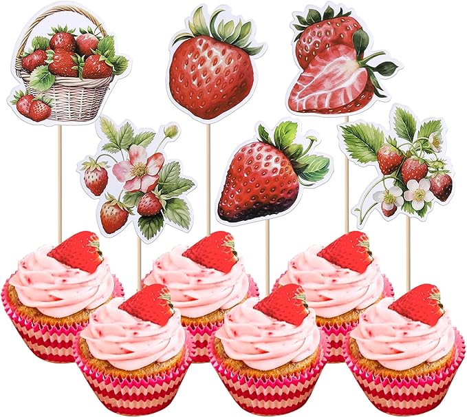 36 Pack Strawberry Cupcake Toppers Red Pink Strawberry Birthday Cupcake Picks Berry Strawberry Cupcake Decoration for Fruit Theme Baby Shower Kids Boys Girls Birthday Party Supplies