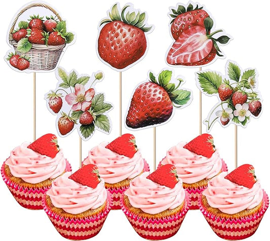 36 Pack Strawberry Cupcake Toppers Red Pink Strawberry Birthday Cupcake Picks Berry Strawberry Cupcake Decoration for Fruit Theme Baby Shower Kids Boys Girls Birthday Party Supplies