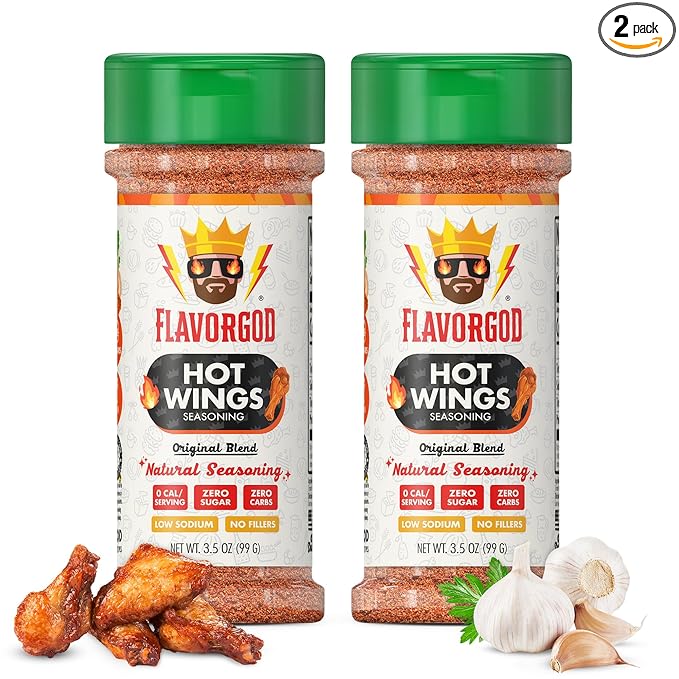 Hot Wings Seasoning Mix, 2 Bottles by Flavor God - Premium All Natural & Healthy Spice Blend for Chicken Wings & Eggs - Kosher, Low Sodium, Vegan & Gluten-Free - Great Flavor Spices and Seasoning Gift