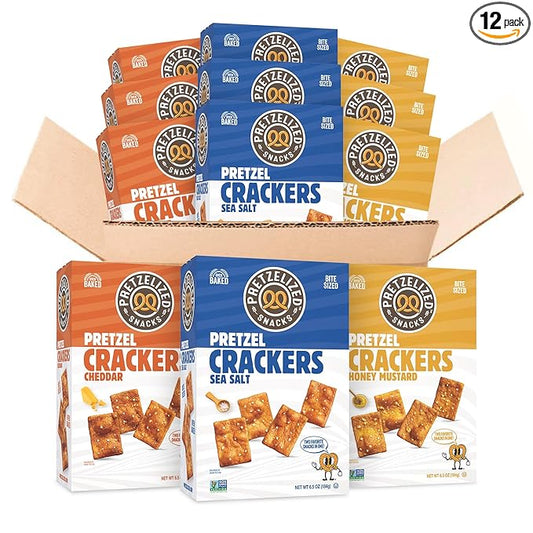 Pretzelized Pretzel Cracker 12 Pack Variety - Sea Salt, Cheddar, Honey Mustard Pretzelized Snacks Multipack, 6.5 oz Boxes, Kosher