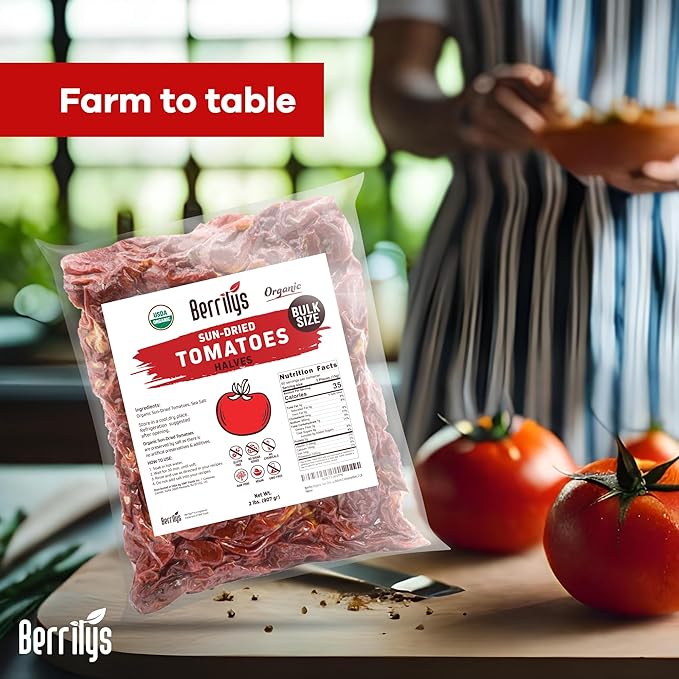 Sun-Dried Tomatoes, 2 LBS, USDA Organic, Berrilys, No Sulfur, No Preservatives, Seasalt is used as natural preservative, Raw, Non-GMO, Great Ingredient for Baking and Cooking
