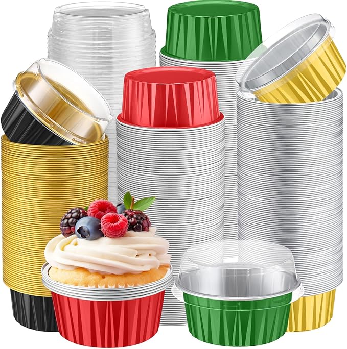 Gejoy 400 Pcs Aluminum Foil Baking Cups with Lids 5 oz Disposable Ramekins Mini Cake Pans Creme Brulee Cupcake Liners Muffin Tins Flan Mold Dessert Container for Wedding(Multicolor,Classic)
