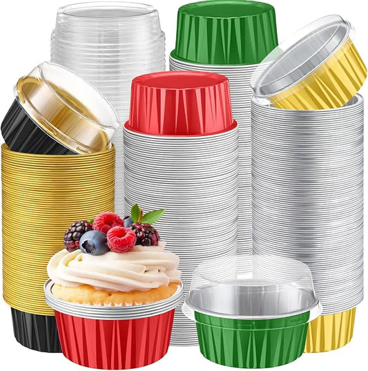 Gejoy 400 Pcs Aluminum Foil Baking Cups with Lids 5 oz Disposable Ramekins Mini Cake Pans Creme Brulee Cupcake Liners Muffin Tins Flan Mold Dessert Container for Wedding(Multicolor,Classic)