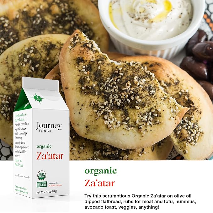 Gourmet Organic Mediterranean Herb Blend & Organic Za'atar Gift Set by Journey Spice Co. | Salt-Free | Greek, Mediterranean, Middle Eastern Seasoning | 4.5 oz. (total) | Resealable/Reusable Cap