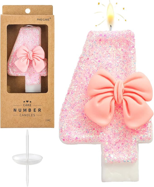 PHD CAKE Number 4 Pink Bowknot Birthday Candles, Cute Themed Number Candles, Party Celebration