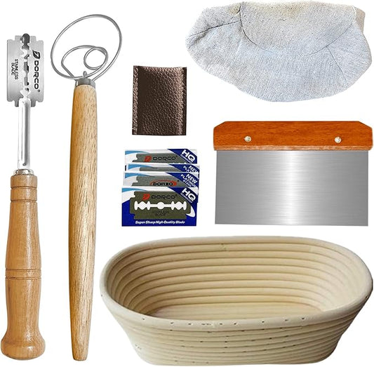 10inch Oval Banneton Proofing Basket Set Bread Baking Kit, Dough Scraper, Bread Lame, Danish Dough Whisk Sourdough Proofing Bread Basket Artisanal Bread Making Tools and Supplies Set