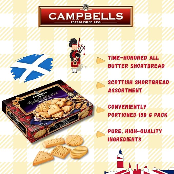 Campbells Shortbread All-Butter Gold Collection 5.29 Oz (150g) - Scottish Shortbread Cookies from Scotland, Butter Cookies Assortment Gift Box, British Tea Biscuits, Gourmet Scottish Snacks