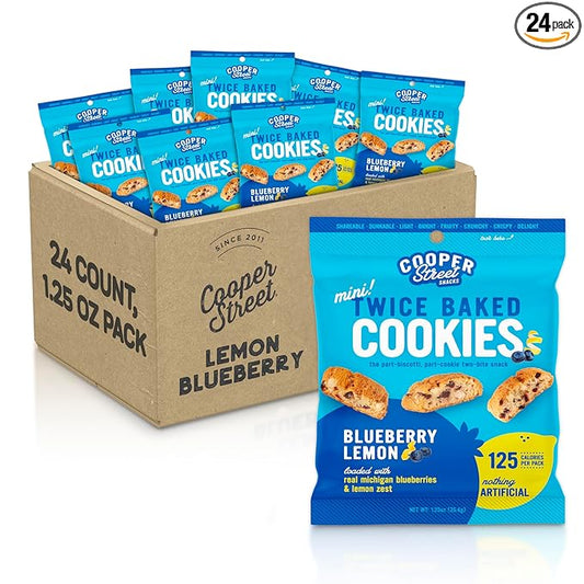 Cooper Street Italian Biscotti Cookies - Twice Baked Biscotti Style Cookie Biscuits in Delicious Blueberry Lemon Flavor | Crispy, Light and Healthy Cookies | Peanut & Dairy Free | 1.25 oz - 24 Pack