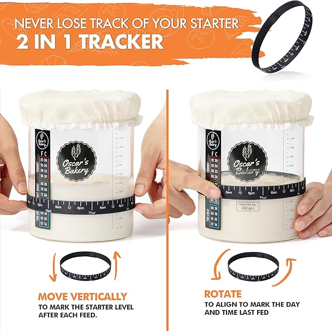 Oscar's Bakery Sourdough Starter Jar Kit ??Sour dough Glass Crock with Lid, 40 oz, Includes Accessories & Recipe, Large Sourdough Jar for Bread Baking Supplies