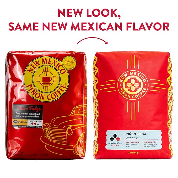 New Mexico Pi챰on Pi챰on Fudge Ground Coffee Medium Roast 100% Brazilian Arabica, Naturally Flavored Rich Chocolate & Nutty Scoop & Brew Grounds - 2 Lb Bag